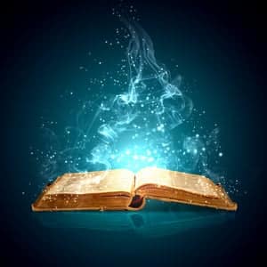 image of opened magic book with magic lights
